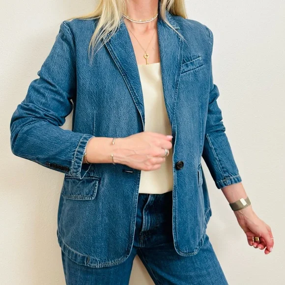 Ralph Lauren Casual Blue Cotton Denim One Button Notch Collar Blazer Jacket - Picture 8 of 16